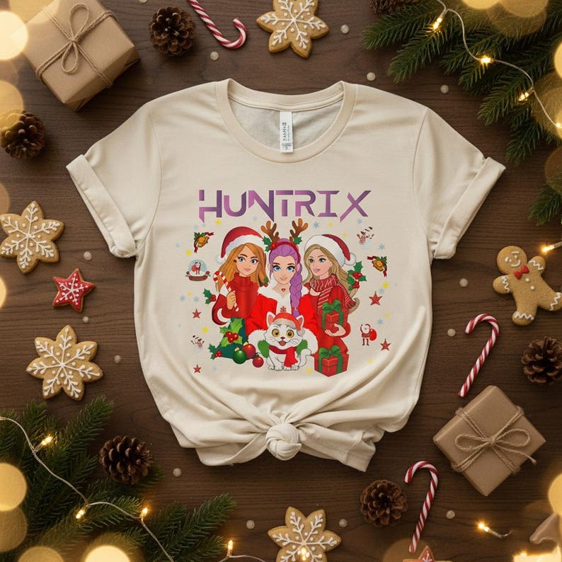May include: Cream-colored t-shirt featuring the word "HUNTRIX" in purple. The graphic depicts three women in Santa hats and red outfits, surrounded by Christmas elements. A white cat with a red scarf is also present.
