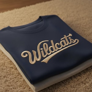 May include: A navy blue sweatshirt with the word "Wildcats" embroidered in a cream-coloured script. The sweatshirt is neatly folded on top of another folded garment, resting on a tan carpet.