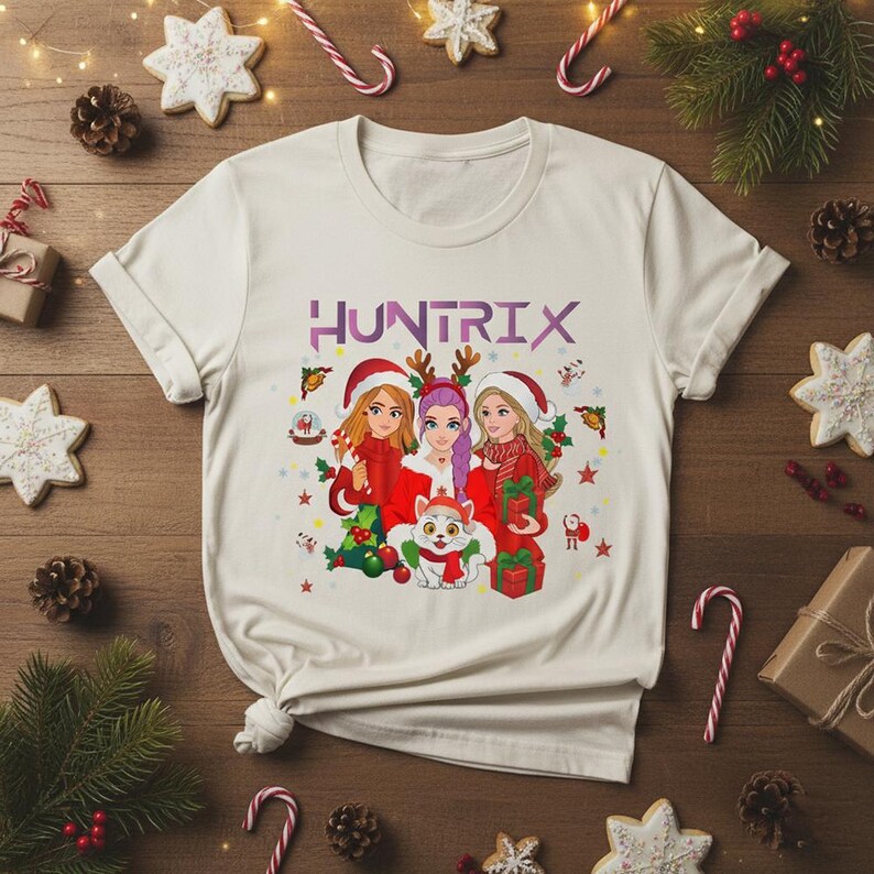 May include: Cream-colored t-shirt featuring the word "HUNTRIX" above a graphic of three women and a cat in Christmas attire. The design includes Santa hats, gifts, and festive decorations, perfect for the holiday season.