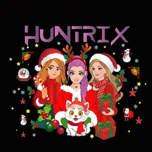 May include: A digital illustration featuring three women in Santa hats and red outfits, surrounded by Christmas decorations. A white cat wearing a Santa hat and red scarf is in the center. The word "HUNTRIX" is at the top.