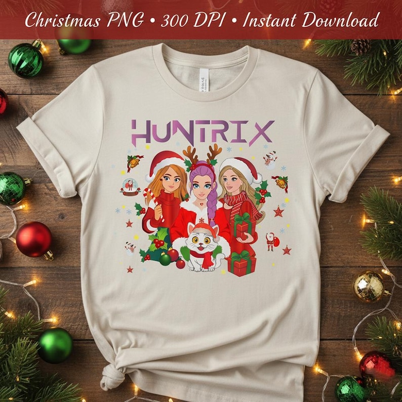 May include: Beige t-shirt with the word "HUNTRIX" in purple letters. The shirt features a Christmas-themed graphic of three women in Santa hats and a white cat wearing a scarf. The words "Christmas PNG &bull; 300 DPI &bull; Instant Download" are at the top.