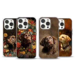 May include: Four phone cases featuring dog portraits. The cases showcase different artistic styles, including a portrait of a brown Labrador Retriever surrounded by colorful flowers, and a close-up of a brown Labrador Retriever with a soft, painterly effect.