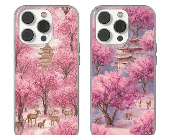 Japanische koreanische Landschaft rosa Kirschblüten Handyhülle für Apple iPhone, Samsung Galaxy und Google Pixel, Geschenk, japanischer Wald, rosa Hülle