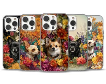 Funda para teléfono Chihuahuas con diseño floral para iPhone 16e, 17 Pro Max, 15, 13, Samsung S26, A56, Pixel 10, 9A