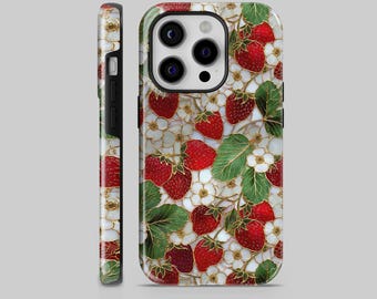 May include: A phone case featuring a vibrant strawberry design. The case displays ripe red strawberries, white flowers, and green leaves with gold accents against a light background. The design wraps around the sides of the case.