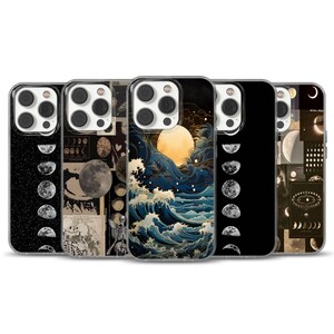 May include: A collection of phone cases with celestial and ocean-themed designs. The cases feature images of moon phases, a large yellow sun over a blue ocean, and vintage illustrations. The cases are in various colors, including black, white, and sepia.