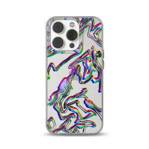 May include: Clear phone case with a colorful, abstract design. The case features a swirling pattern of rainbow colors, including green, blue, red, and yellow. The phone case is designed to fit a smartphone.