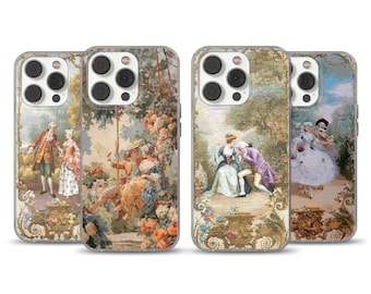 Puede incluir: Cuatro fundas para teléfono con un diseño de pintura vintage. Cada funda presenta una escena diferente con figuras con ropa de época, sobre un fondo de elementos florales y paisajísticos. Las fundas tienen un borde transparente.