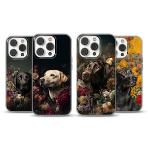 May include: Four phone cases with dog portraits set against floral backgrounds. The dogs are a black Labrador, a golden Labrador, and two brown Labradors. The floral arrangements feature red, pink, and yellow flowers.