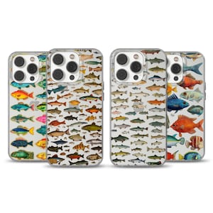 May include: Four clear phone cases with colorful fish illustrations. Each case features a different arrangement of various fish species in shades of orange, yellow, blue, green, and red. The cases are designed to fit a smartphone.