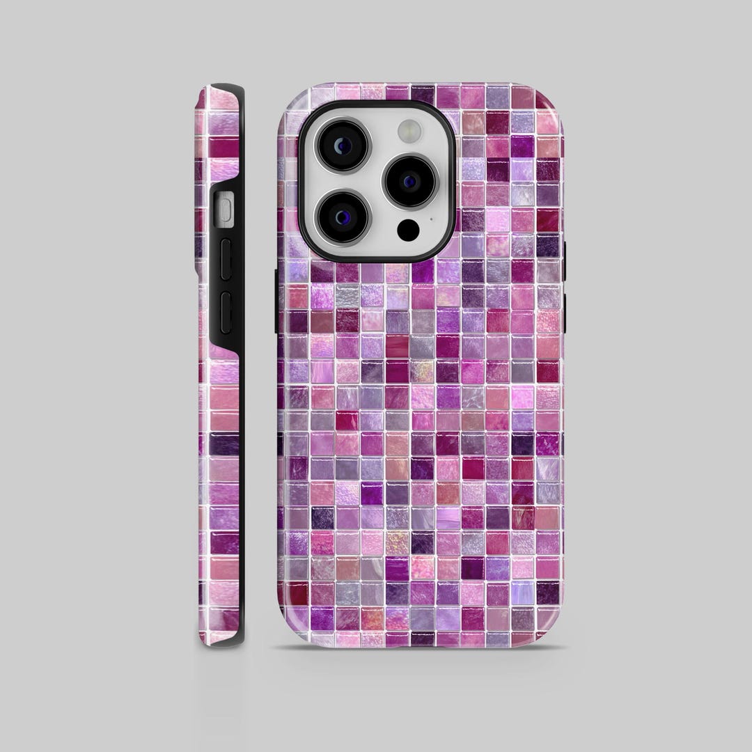 Tile Phone Case Purple Mosaic Tile Phone Case - Pink Gradient Square Pattern Tough or ...