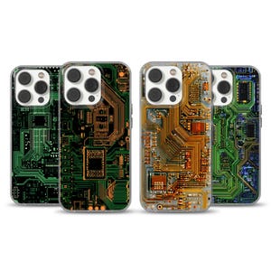 May include: Four phone cases with a circuit board design. The cases have a clear background with intricate patterns in shades of green, orange, and gold. The cases are designed to fit a phone with a triple-lens camera.