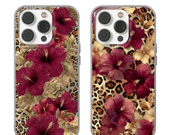 Leopard and Red Hibiscus Phone Case: Tropical Floral Cover, Animal Print Phone Case