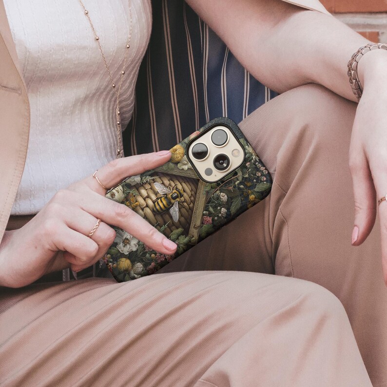 Morris Inspired Bee Floral Phone Case, Vintage Botanical Garden Art, Tough or TPU Protection image 3