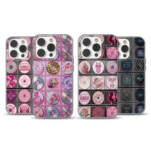 May include: Four phone cases with a pink and CD design. Each case features a grid pattern with various pink-themed graphics, including flowers, a cassette tape, and the words "DREAM POP". The cases have a glossy finish.
