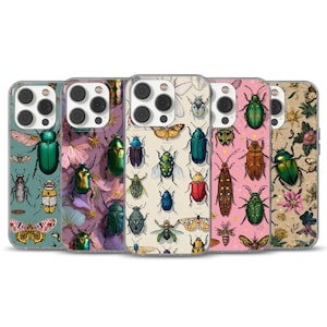 May include: A collection of five phone cases with insect designs. Each case features a different background color, including green, pink, and beige, and is adorned with various colorful beetles, butterflies, and other insects.