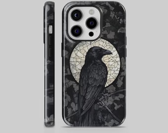 Black Crow Raven gebrandschilderd glas telefoon Case Moon Celestial Gothic Witchy Goth cadeau iPhone 13 14 15 16 17 TPU of stoer telefoonhoesje