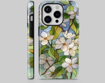 Jasmine glas-in-lood bloemen telefoonhoes, glas-in-lood bloem telefoonhoes, telefoonhoes voor iPhone 16 15 14 13 12 11 x Samsung S24 S23 S22