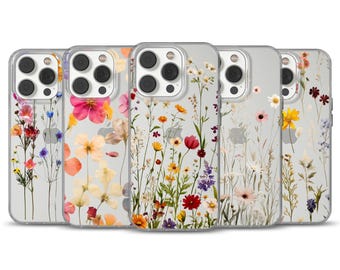 Clear Wildflowers Phone Case for iPhone 14 13 12 11 Pro Max, Samsung S23 S24 Ultra, Google Pixel 8 Pro, Floral Gift for Her