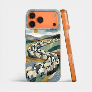 May include: A phone case with a colorful illustration of a flock of sheep moving along a winding path through rolling hills under a sun. The case is clear with an orange camera module.