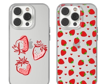 Strawberry Pattern Clear Phone Case for iPhone 17 16 15 14 13 12 11 11 Pro Max Mini 7 8 XR XS X Shockproof Silicone Phone Cover Custom Name