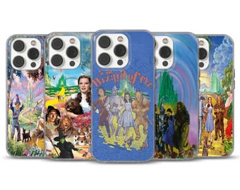 May include: A collection of phone cases featuring imagery from the classic film "The Wizard of Oz." The cases display various scenes and characters, including Dorothy, the Tin Man, the Cowardly Lion, and the Wicked Witch of the West, in vibrant colors.