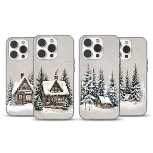 May include: Four phone cases with a winter scene design. Each case features a snowy cabin surrounded by pine trees. The background is a light gray with falling snow. The cases are designed for a smartphone.