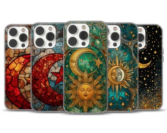 Celestial Stained Glass Phone Case, Stained Glass Moon Sun Phone Case