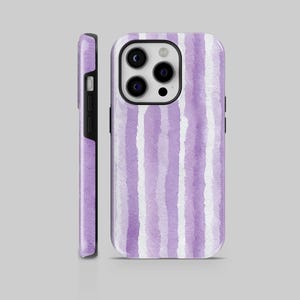 May include: A phone case with a watercolor design. The case features vertical stripes in shades of purple and white. The case is shown from the front and side, showcasing the design and the phone's camera and buttons.