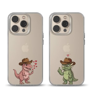 Flirty Dino & Grumpy Dino Matching Phone Case – Western Cowboy Aesthetic, Cute Couple Gift, Unique Valentine’s Day Case, Clear Dino Case