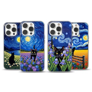 May include: Four phone cases with artistic designs. Each case features a black cat against a backdrop of a starry night, a field of flowers, and a full moon. The cases are clear with a black camera lens border.