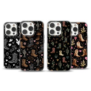 May include: Four phone cases with a black background and a repeating pattern of cowboy boots, cacti, hearts, and other western-themed elements. The cases have a clear border and a camera cutout.