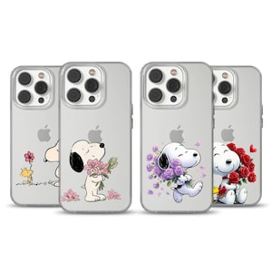 May include: Clear phone cases featuring Snoopy with flowers. Each case showcases a different Snoopy design, holding various bouquets of pink, purple, and red flowers. The cases are designed for an Apple iPhone.