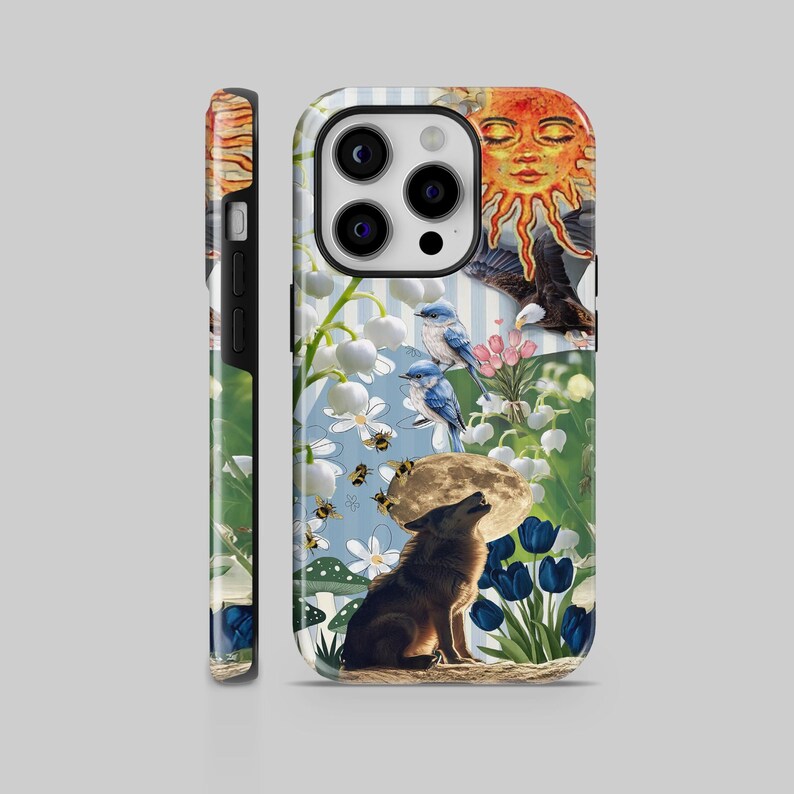 Spring Flower Celestial Sun Moon Wolf Phone Case, Botanical Gothic Art ...