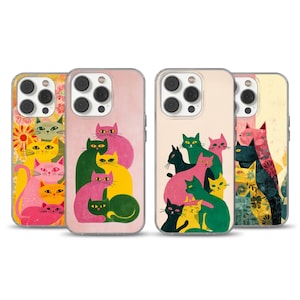May include: Four phone cases with colorful cat illustrations. The cases feature various cat designs in pink, yellow, green, and black. The cases are in a clear protective case.