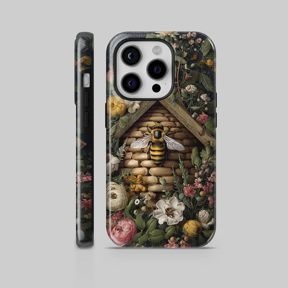 Morris Inspired Bee Floral Phone Case, Vintage Botanical Garden Art, Tough or TPU Protection