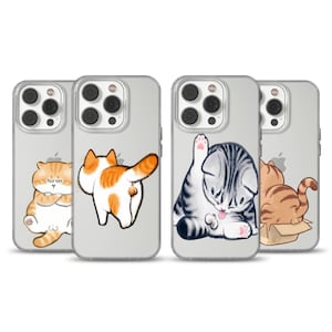May include: Four clear phone cases featuring cartoon cat designs. The cats are depicted in different poses, such as sitting, grooming, and showing their rear. The cases have a clear back and a grey frame.