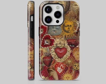 Vintage Sacred Heart Phone Case | Mosaic Sun Illustration | Celestial Gothic Retro Design for iPhone & Samsung Galaxy
