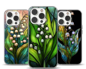 Custodia per telefono con mughetto in vetro colorato, fiore di nascita Art Déco con fiori selvatici per iPhone 13 14 15 16 17 Pro, regalo floreale vintage