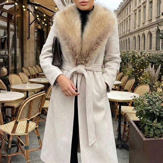 Vintage Cream Wool Maxi Coat with Fur Collar – Long Belted Winter Wrap Coat, Elegant High Street Overcoat for Women