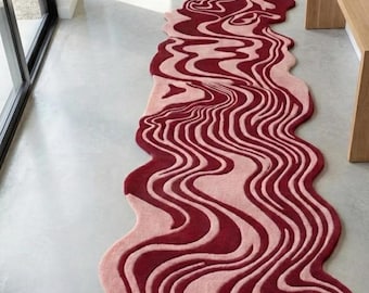 Abstract Wavy Runner Rug Retro 70s Hallway Carpet, Red Pink Swirl Modern Rug Long Organic Shape Entryway Rug, Statement Corridor Floor Decor