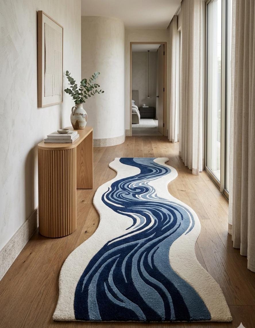 Unique Shape Runner Rug Blue Abstract Runner Rug, Modern Wavy Hallway Rug, Irregular Shape Area ...