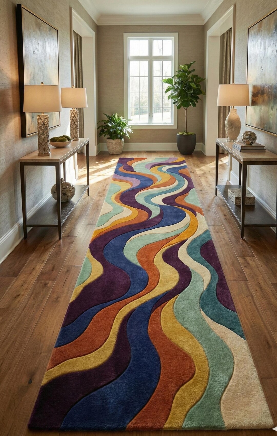 Colorful Abstract Wave Runner Rug | Modern Handmade Look Carpet ...