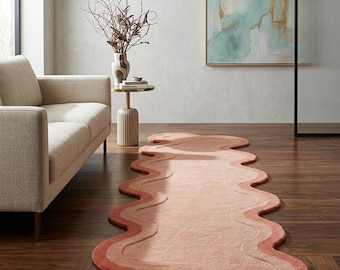 Wavy Pink Runner Rug, Irregular Shape Hallway Carpet, Modern Abstract Peach Rug, Minimalist Long Area Rug, Contemporary Floor Decor