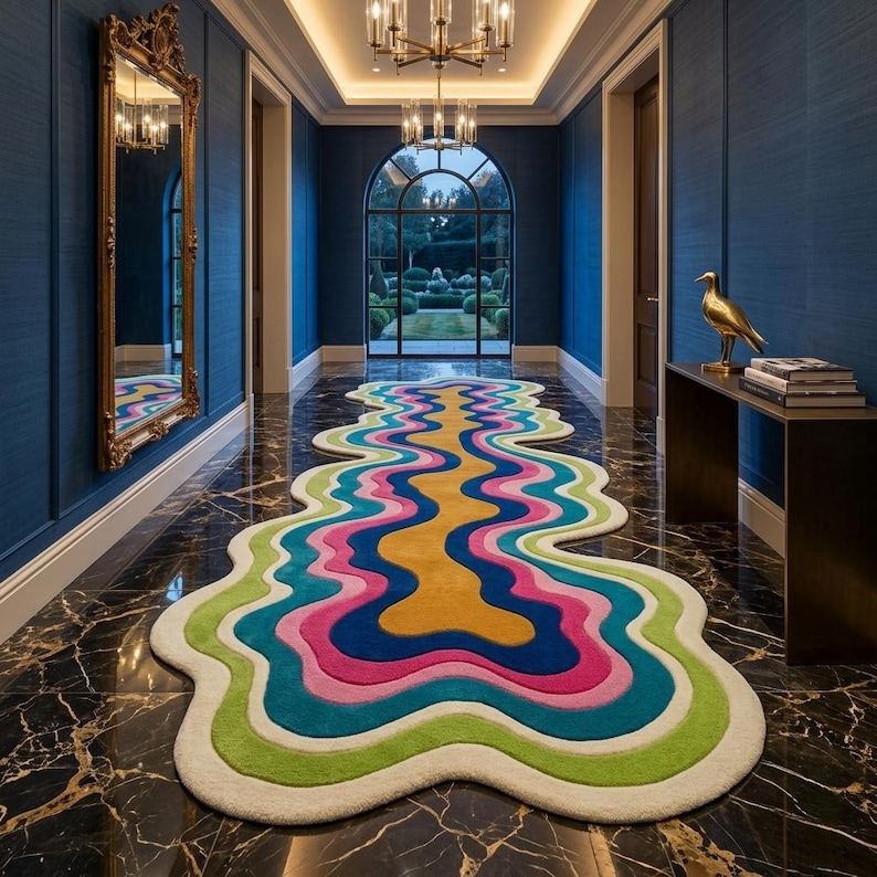 Colorful wavy abstract area rug featuring layered organic curves in green, turquoise, pink, navy blue, mustard yellow, and ivory. Plush raised tufted texture and sculptural irregular shape create a bold modern statement. Shown in a luxury hallway and on a neutral floor, this colorful area rug is ideal for living rooms, bedrooms, hallways, studios, offices, and contemporary interiors.