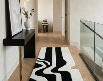 Modern Black and White Runner Rug, Abstract Hallway Carpet, Minimalist Long Area Rug, Contemporary Entryway Rug, Geometric Floor Decor