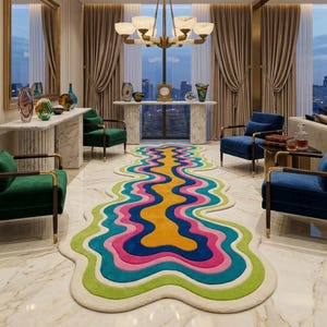Colorful wavy abstract area rug featuring layered organic curves in green, turquoise, pink, navy blue, mustard yellow, and ivory. Plush raised tufted texture and sculptural irregular shape create a bold modern statement. Shown in a luxury hallway and on a neutral floor, this colorful area rug is ideal for living rooms, bedrooms, hallways, studios, offices, and contemporary interiors.