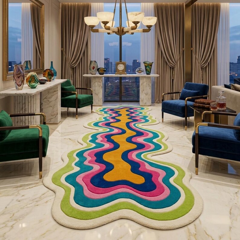 Colorful wavy abstract area rug featuring layered organic curves in green, turquoise, pink, navy blue, mustard yellow, and ivory. Plush raised tufted texture and sculptural irregular shape create a bold modern statement. Shown in a luxury hallway and on a neutral floor, this colorful area rug is ideal for living rooms, bedrooms, hallways, studios, offices, and contemporary interiors.