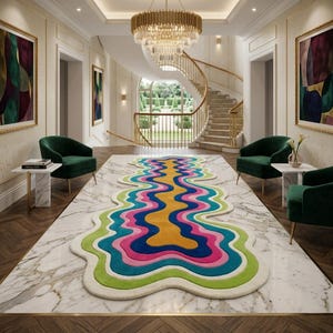 Colorful wavy abstract area rug featuring layered organic curves in green, turquoise, pink, navy blue, mustard yellow, and ivory. Plush raised tufted texture and sculptural irregular shape create a bold modern statement. Shown in a luxury hallway and on a neutral floor, this colorful area rug is ideal for living rooms, bedrooms, hallways, studios, offices, and contemporary interiors.