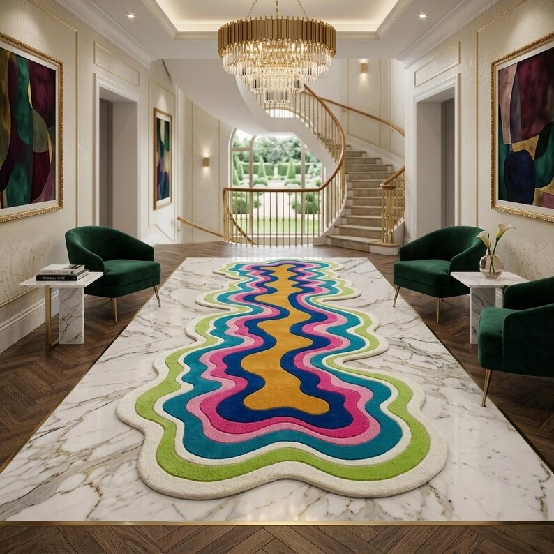 Colorful wavy abstract area rug featuring layered organic curves in green, turquoise, pink, navy blue, mustard yellow, and ivory. Plush raised tufted texture and sculptural irregular shape create a bold modern statement. Shown in a luxury hallway and on a neutral floor, this colorful area rug is ideal for living rooms, bedrooms, hallways, studios, offices, and contemporary interiors.